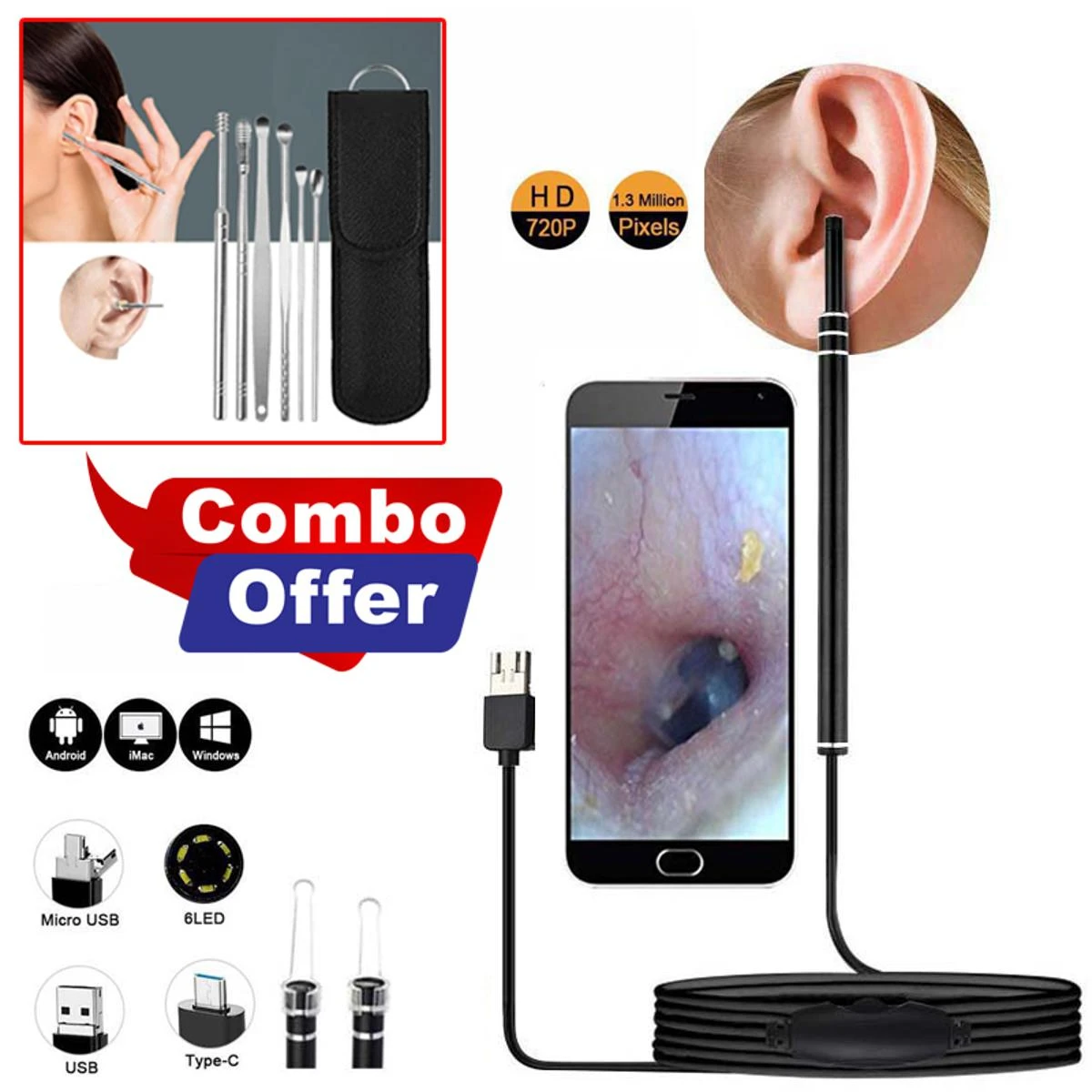 Combo Offer ( Camera Endoscope Ear Cleaning Spoon Tool+Ear Wax Removal Kit)