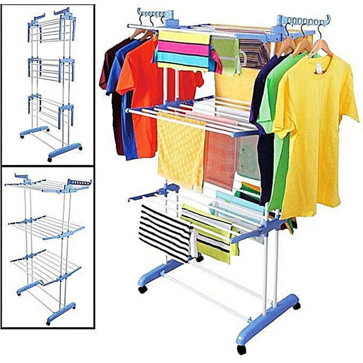 3 Tier Foldable Drying Rack Cloth Laundry Hanger - Silver and Blue