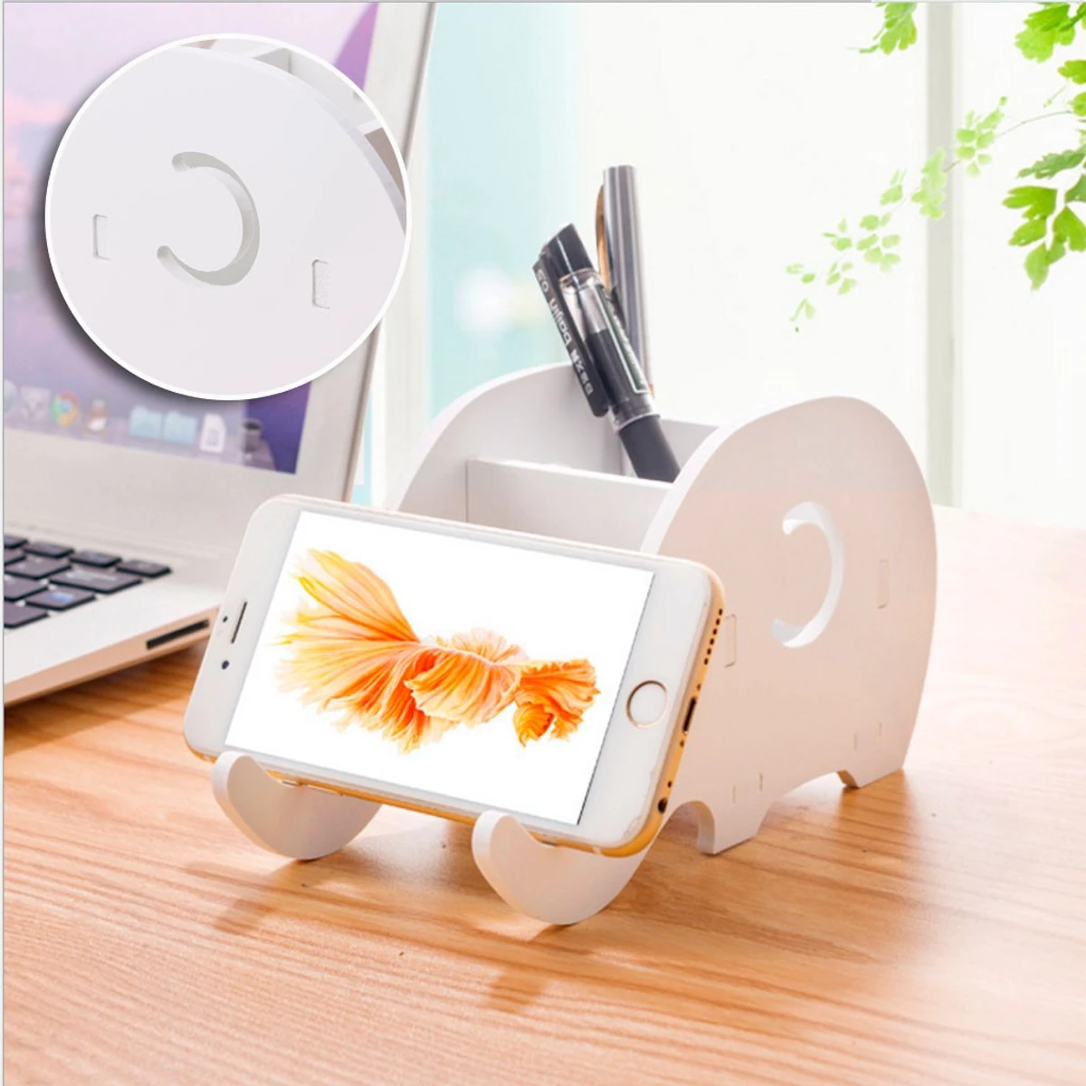 Multifunctional Elephant Wood Pencil Pen Holder Phone Stand Office Desk  (White)