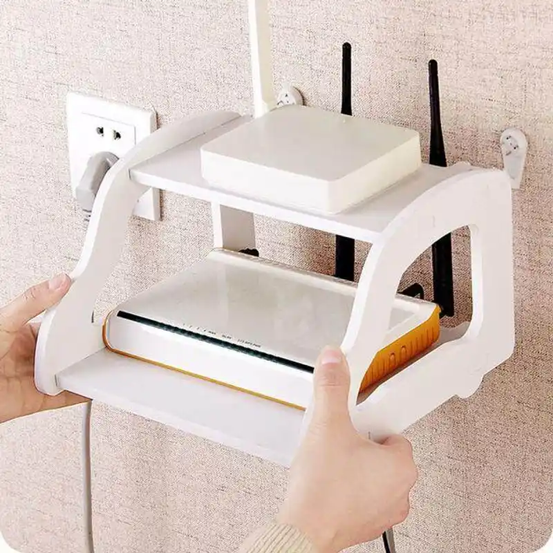 Wifi Router Stand - Storage Rack Display Holder Double Layer Floating Wall Mount Shelf Wood Desk Set